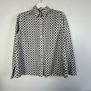Lands' End Womens Black & White Floral Button-Up Shirt Size 14 No Iron Cotton